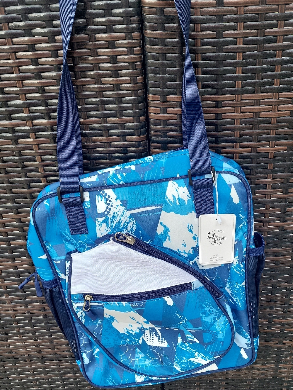 Lily Queen Blue Abstract Pickleball Bag with Navy Trim